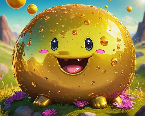 gold gordo slime, glittering texture, shiny surface, large size, blob shape, golden color, sparkling particles, treasure-like appearance, in-game creature, fantasy setting, surrounded by colorful slim