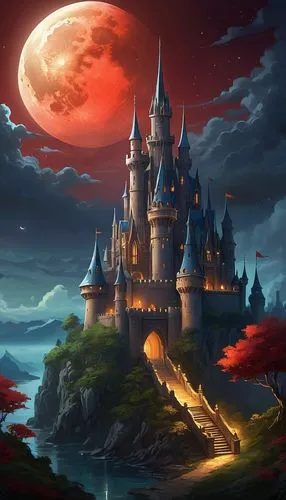 fairy tale castle,fantasy picture,fantasy landscape,fairytale castle,castlevania,haunted castle,Illustration,Realistic Fantasy,Realistic Fantasy 01