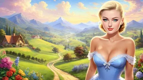 Romantic masterpiece oil painting, cute busty girl portrait, body facing viewer, tube top, nostalgic 1950's style kitsch, breathtaking beautiful vast landscape, epic majestic farmland plantation scene