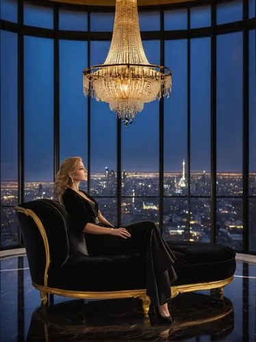 Dark luxury mansion interior, grand chandelier, black marble floor, high ceiling, modern minimalist decor, large windows, cityscape view, velvety black sofa, golden metal frame, ambient warm lighting,