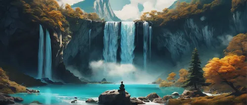 Zenitsu fanart in a serene mountain landscape with a waterfall,waterfall,waterfalls,falls,water fall,fantasy landscape,brown waterfall,ash falls,wasserfall,water falls,falls of the cliff,tower fall,bo