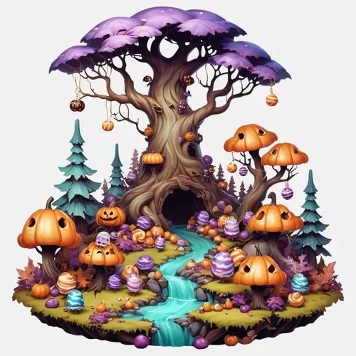 halloween background,mushroom island,mushroom landscape,tree mushroom,halloween bare trees,halloween border,Illustration,Abstract Fantasy,Abstract Fantasy 11