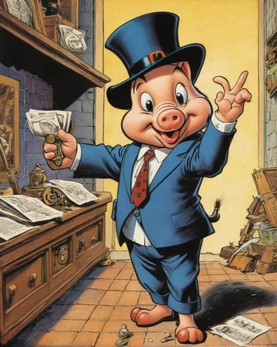 Imagine Porky Pig as a detective investigating a mysterious disappearance.,pinocchio,geppetto,piggybank,financial education,pig's trotters,piglet,caricaturist,johnny jump up,jiminy cricket,porker,pigg