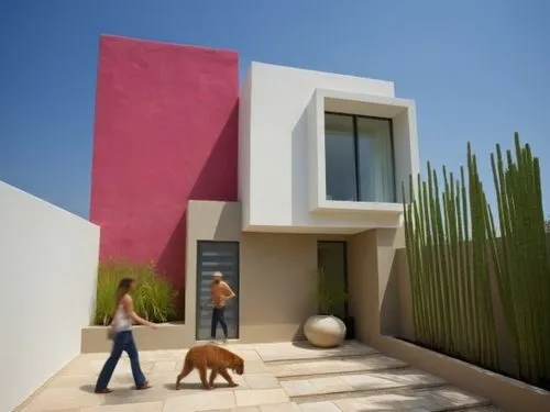 MEXICAN PINK WALL,a woman walking her dog down the path outside,dunes house,cubic house,corbu,cube house,exterior decoration,vivienda