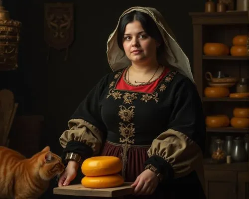 Renaissance portrait of a European woman of strong build standing in the center against a dark background, holding a stack of two thick, round discs of cheese with a golden-yellow surface. The woman w