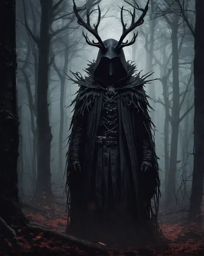 Design a dark and mysterious anime wallpaper set in a haunted forest.,blackmetal,black shepherd,forest man,horned,forest dark,hooded man,forest animal,dark elf,dark art,grimm reaper,stag,woodsman,manc