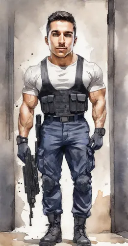 Camisa branca, colete a prova de balas, calça militar azul escuro, sapato coturno Segurança armado bodybuilder,ballistic vest,mercenary,pubg mascot,builder,strongman,cargo pants,steel man,janitor,boun