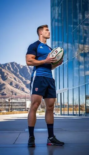 Muscular man, rugby player, athletic build, short hair, determined facial expression, wearing a sports uniform, holding a rugby ball, standing in front of a modern architectural building, glass and st