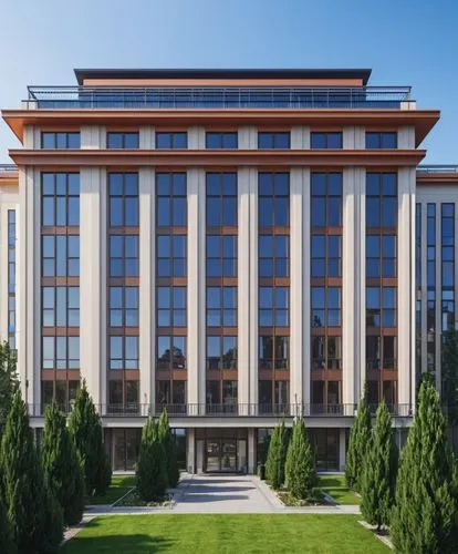 the building has many large windows on it,mgimo,soochow university,natolin,kempinski,bishkek,appartment building,supreme administrative court,langfang,ecthr,skolkovo,ferizaj,krasnodar,vneshtorgbank,cr