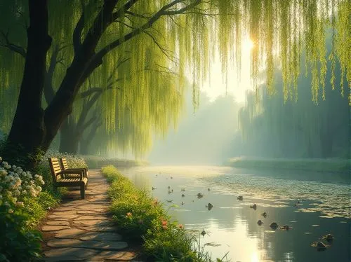 Riverbank scene, harmony with nature, serene atmosphere, lush greenery, blooming flowers, weeping willows, gentle breeze, soft sunlight filtering through leaves, wooden benches, natural stone pathways