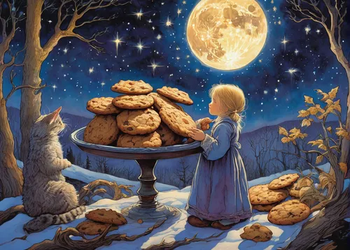 Under the starry night sky, the aroma of freshly baked cookies fills the air, tempting their senses with sweet indulgence.,gingerbread maker,angel gingerbread,cookie,cookie jar,gingerbread break,cooki