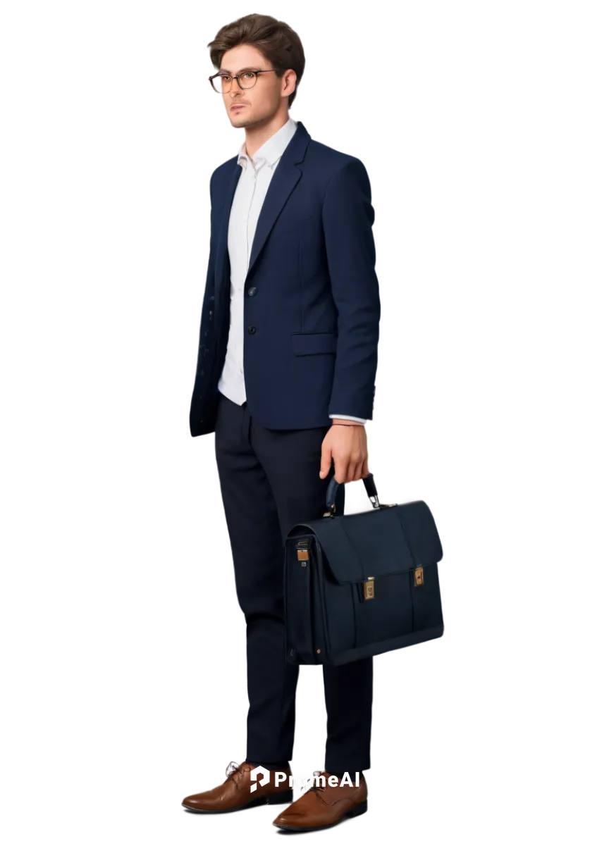 Lawyer, suit, tie, glasses, briefcase, confident posture, serious facial expression, messy brown hair, subtle makeup, white shirt, black blazer, formal trousers, leather shoes, hands clasped together,