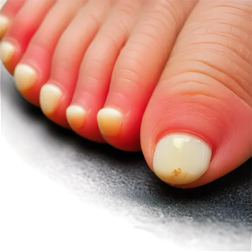 Damaged toenail, close-up, yellowish discoloration, brittle texture, cracked surface, fungal infection, redness around nail bed, toe slightly tilted, soft lighting, shallow depth of field, 3/4 composi