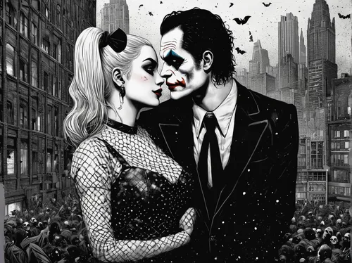 Describe a romantic scene between Harley Quinn and the Joker in Gotham City.,two face,cool pop art,lovesickness,masquerade,modern pop art,pop art style,kiss,pop art people,lost love,paris clip art,man