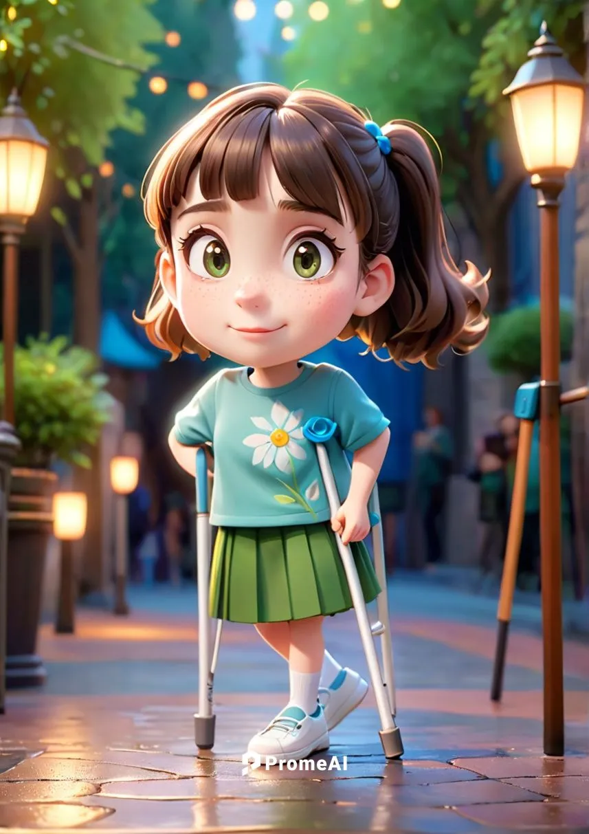 niña morena con cabello café, ojos cafés, viste una blusa verde, falda azul, zapatos blancos. Usa muletas,agnes,cute cartoon character,tiana,shanghai disney,wonder,disney character,cute cartoon image,