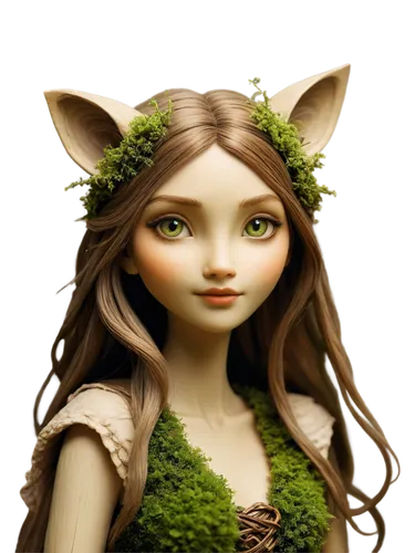 Mystical folklore creature, earthy tone, green moss, beige fur, wooden accessories, vines entwined, ancient wisdom, gentle eyes, soft focus, warm lighting, 3/4 composition, shallow depth of field, nat