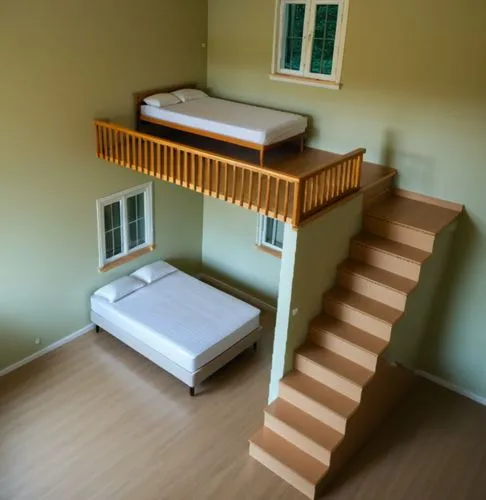 create bed of same color. add daylight in windowa,a view of the loft bed and stairs in a room with a white mattress,wooden stair railing,wooden stairs,bunk beds,bunk bed,baby bed,bunkbeds,Photography,