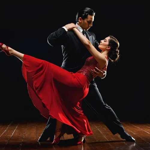 Artistas talentosos. Hermosos jóvenes, hombre y mujer, ejecutando un tango apasionado sobre un fondo negro de estudio. La seda del vestido rojo de la mujer contrasta con el traje negro del hombre, mie