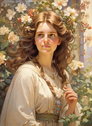 girl in a wreath,girl in flowers,mucha,girl picking flowers,bouguereau,wreath of flowers,portrait of a girl,jasmine blossom,flower girl,mystical portrait of a girl,blooming wreath,young woman,girl in the garden,fantasy portrait,golden wreath,flower garland,floral wreath,beautiful girl with flowers,floral garland,romantic portrait