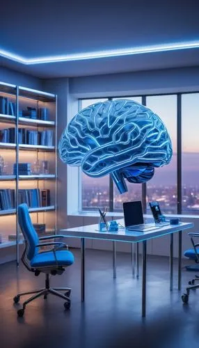 Futuristic laboratory, neural networks-inspired interior design, sleek white walls, gleaming silver pipes, neon-lit blue accents, glass tables with 3D brain models, holographic projections of neural c