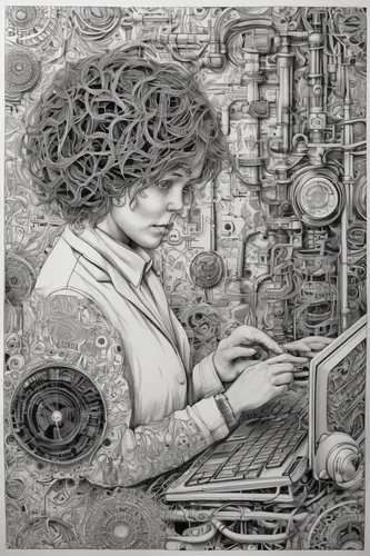 clockmaker,girl at the computer,sewing machine,watchmaker,seamstress,hand-drawn illustration,hatmaking,typing machine,illustrator,computer art,sewing notions,book illustration,female worker,girl with a wheel,mechanical puzzle,the girl studies press,writing or drawing device,vintage drawing,women in technology,computer,Illustration,Black and White,Black and White 11