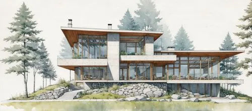 house with lake,mid century house,sketchup,timber house,renderings,forest house,Unique,Design,Blueprint