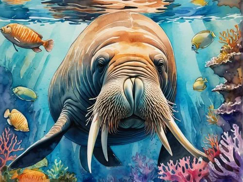 walrus, big nose, tusks, blubbery skin, whiskers, curious expression, saltwater aquarium, coral reef, seaweed, ocean floor, schools of fish swimming by, warm sunlight filtering through water, shallow 