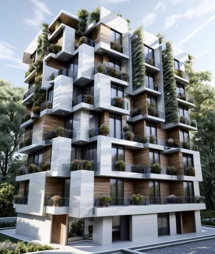 apartment building,eco-construction,residential tower,apartment block,apartments,block balcony,appartment building,cubic house,sky apartment,condominium,an apartment,residential building,green living,wooden facade,3d rendering,modern architecture,balconies,apartment complex,apartment blocks,high-rise building