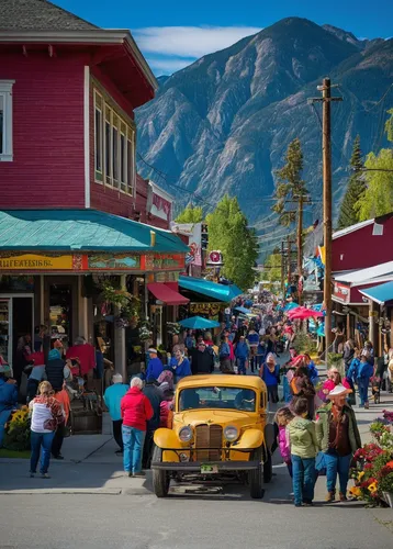 Describe the bustling streets and vibrant culture of Lillooet's downtown.,lillooet,banff,telluride,bow valley,ketchikan,carcross,banff alberta,yukon territory,bogart village,montana,farmer's market,br