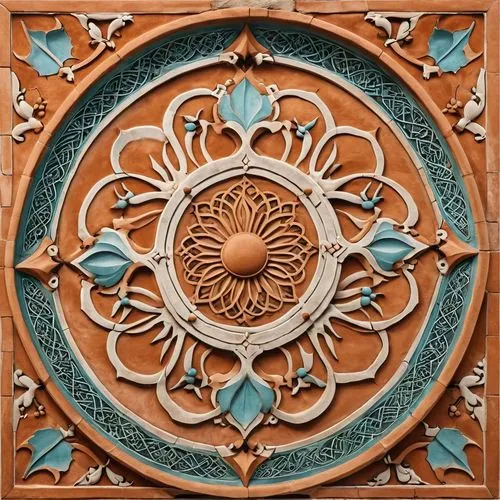 patterned wood decoration,circular ornament,floral ornament,ornamentation,panel,motifs of blue stars,Photography,General,Realistic