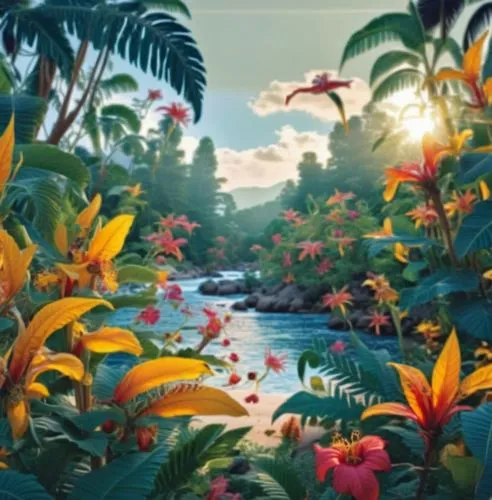 sun,tropical floral background,tropical bloom,tropical jungle,tropics,garden of eden,tropical house,tropical island,tropical flowers,tropical birds,tropical animals,cartoon video game background,tropi