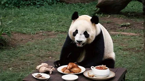 The giant panda, with its round body and distinct black and white fur, sits there adorably, nibbling attentively on a piece of fragrant roast chicken. Its claws deftly fiddle with the meat, and it mak