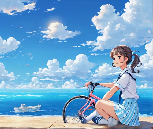 sleep, anime, 4k, high resolution, School uniform, Youth, grain, blue sky, cloud, blue sea, ocean, A Korean woman with pigtails puts her bicycle up in front of a place with a blue sky and sea in the b