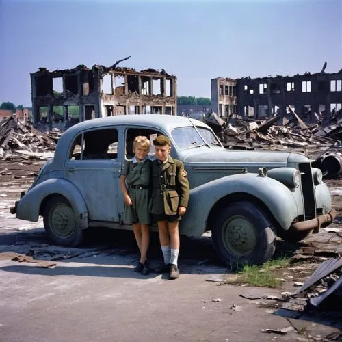 a young school boy, his 13 years old girlfriend, his father , 35 in USAAF outgoing uniform, in summer 1945 in ruins Tempelhof City Airport, Berlin, Germany, rusty German staff car, Stuka and fighter a