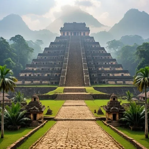 maya empire pyramid , forest , village ,a pyramid is shown surrounded by palm trees,palenque,azteca,aztecas,step pyramid,mesoamerica,tikal,mesoamerican,pakal,kukulkan,eastern pyramid,aztec,mayan,yaxch