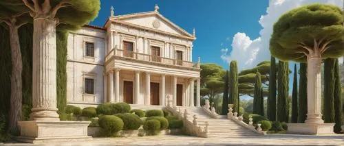 Majestic Cypress architecture, ancient Greek inspired, white marble columns, intricately carved wooden doors, ornate stone facades, grand entrance with sweeping stairs, lush greenery surrounding, tall