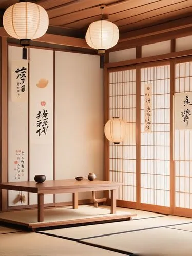 Traditional Japanese interior, tatami mats, shoji screens, sliding doors, low seating, minimal decor, natural wood accents, paper lanterns, subtle lighting, serene atmosphere, warm beige tones, gentle