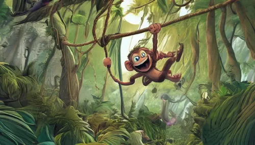 A cute baby lion plays with his dad and mom in the jungle ,a monkey is hanging from a tree above some jungle,tarzan,macaco,monkeying,prosimian,alouatta,lutung