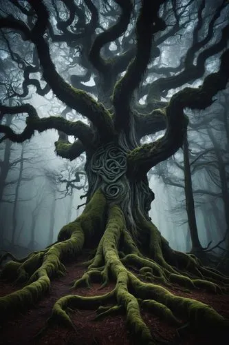 Eldritch, twisted tree, thick gnarled branches, glowing eerie eyes, misty fog surrounding base, roots like tentacles, moss-covered trunk, glowing runes carved into bark, full moon above, dark mystical