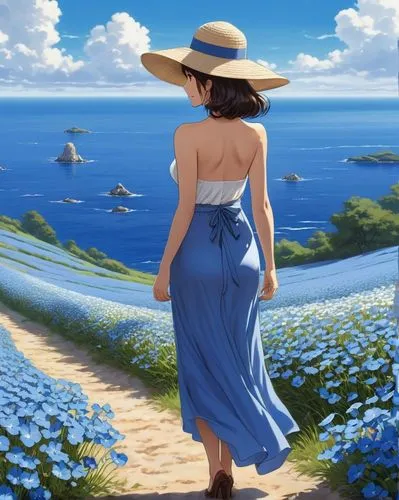 straw hat,summer day,sun hat,panama hat,high sun hat,straw hats,summer background,landscape background,sea breeze,summer hat,girl in a long dress,capri,world digital painting,girl in a long dress from the back,blue sea,blue painting,cape marguerite,ordinary sun hat,by the sea,beach landscape,Conceptual Art,Fantasy,Fantasy 07