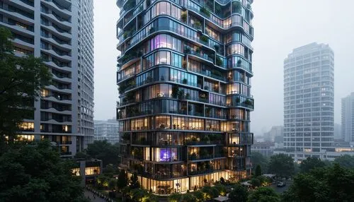 Futuristic skyscraper, iridescent facade, dynamic LED lights, parametric patterns, organic curves, biomimicry elements, green walls, vertical gardens, double-glazed windows, reflective glass surfaces,