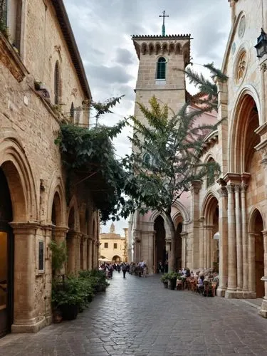 Old Italian city centre with Romanesque-style church (round arches only) with a market activity.,an old castle looking building has people walking,blagoj,assisi,anagni,recanati,arezzo,monastery israel