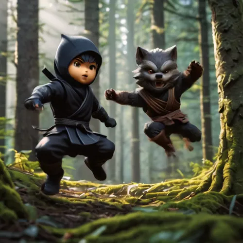 robin hood,child fox,digital compositing,mowgli,little fox,3d fantasy,action-adventure game,children's fairy tale,happy children playing in the forest,the woods,woodland animals,animals hunting,little red riding hood,cartoon forest,fairy tale icons,fantasy picture,run,playmobil,forest animals,children's background