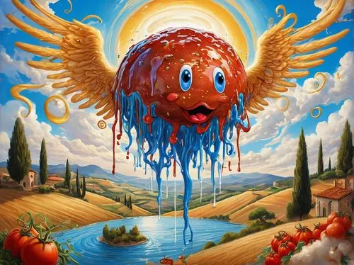 Flying Spaghetti Monster, fantasy creature, bright blue eyes, giant meatball body, surrounded by swirling pasta tendrils, tomato sauce aura, holy halo, white robes with golden trim, majestic wings, wi