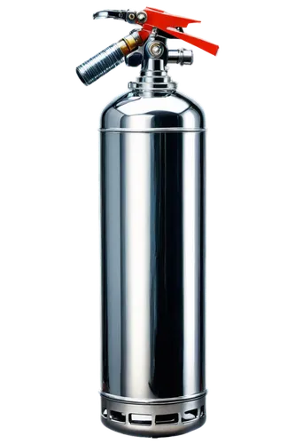 Metallic cylinder, gas tank, shiny surface, chrome finish, reflective highlights, valve on top, hose attached, industrial setting, dramatic lighting, low angle shot, shallow depth of field, vibrant co