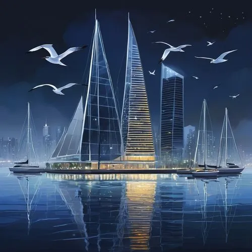 Bay design architecture, engineering, modern futuristic building, steel frame structure, glass façade, LED lights, waterfront, city skyline, night scene, reflective water surface, sailboats, seagulls 