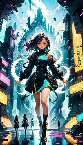 cyberpunk,sci fiction illustration,game illustration,cyber,vocaloid,hatsune miku,3d fantasy,metaverse,aqua,transistor,ultraviolet,fantasia,cg artwork,fantasy city,scifi,navi,aura,cyberspace,game art,cyan,Anime,Anime,General