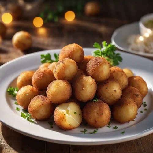 A plate of fried potato balls,panipuri,fried fritters,ukrainian dill potatoes,fried potatoes,croquettes,potato cakes,fritters,chickpeas,coxinha,marzipan potatoes,boucheti,bollen,gougeres,pushpakumara,