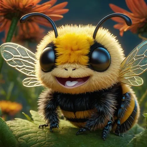 overdetailed close-up of a furry chibi happy bumble bee, polychromatic, Michael Kaluta, Aleksandr Kuskov, Christophe Heughe, Adobe After Effects, Post-Production, SFX, detailed, intricate, maximalist,