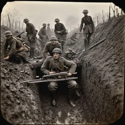 WW1 German soldiers on their trench with their mashine gun and their rifles shooting down their enemy,passchendaele,wwi,pozieres,laverdure,minelaying,colorized,first world war,world war 1,tannenberg,s